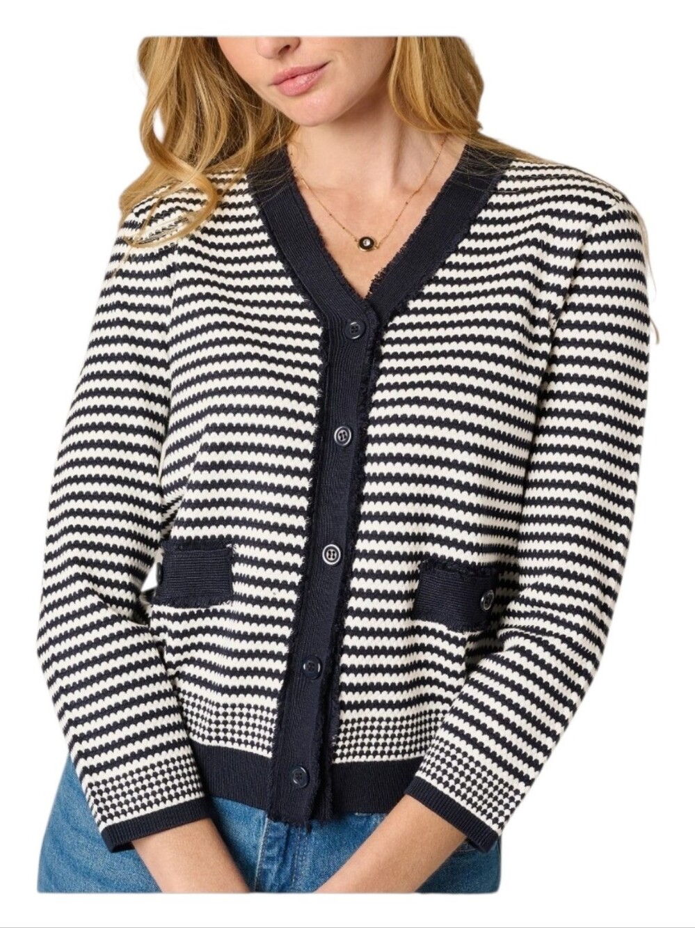 ADRIANNA PAPELL Navy And White Striped VNeck Fringed Button Down Sweater L